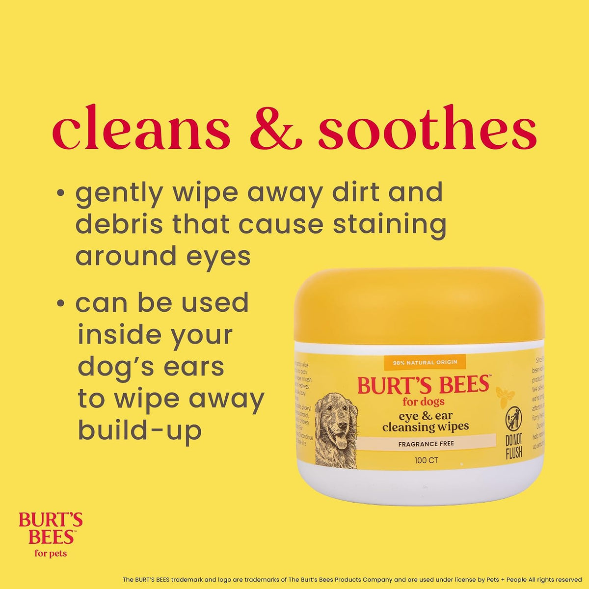 Burts Bees for Pets Eye and Ear Cleansing Wipes, Fragrance-Free, 100 Count | 98% natural origin, fragrance-free formula, tear stain and ear build-up removal, daily use