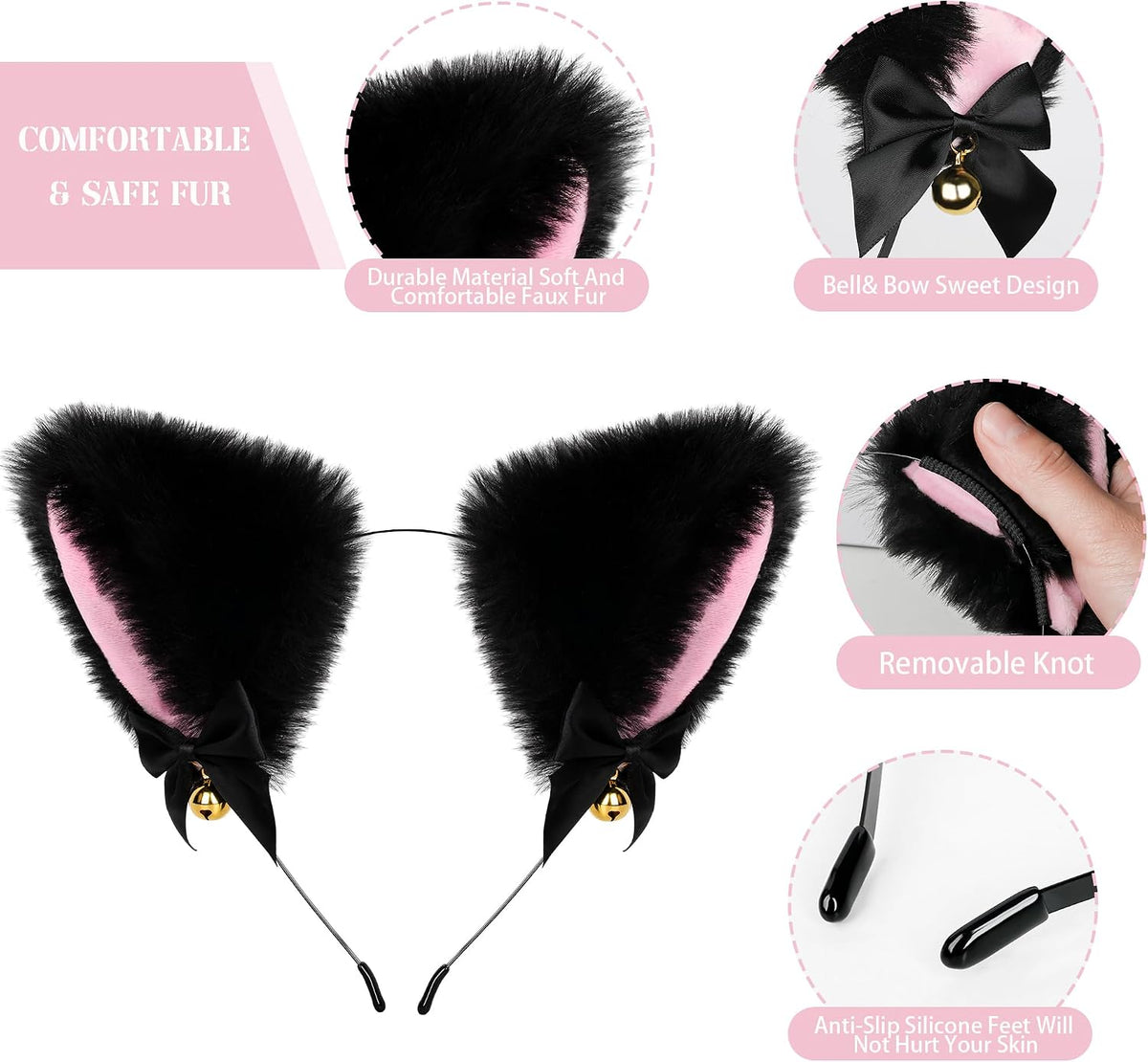 Cat Ears and Tail,Wolf Fox Ears Long Tail and Bell Lace Choker Set for Halloween,Animal Cosplay Party Costume