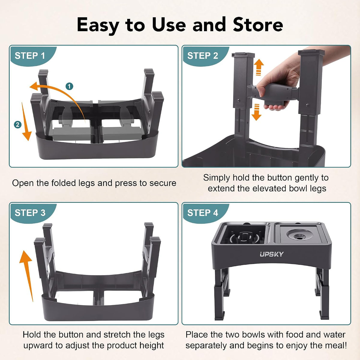 UPSKY 2-in-1 Elevated Dog Bowls Set with 4 Height Adjustable Stand, Gray