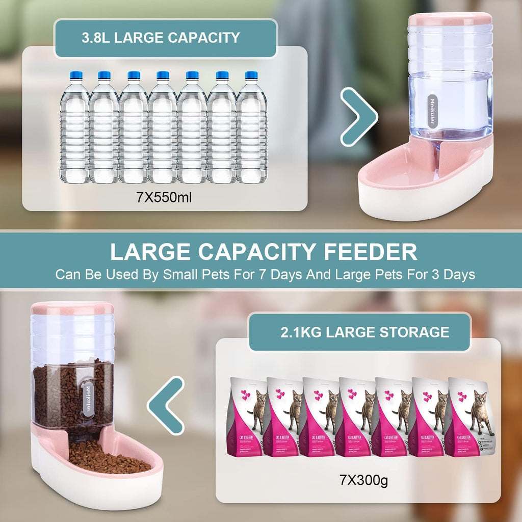 Meikuler Automatic Dog Cat Feeder and Water Dispenser Set,Waterer and Gravity Food Feeder for Small & Medium Dogs Cats Puppies,Large Capacity 1 Gallon x 2(Pink)
