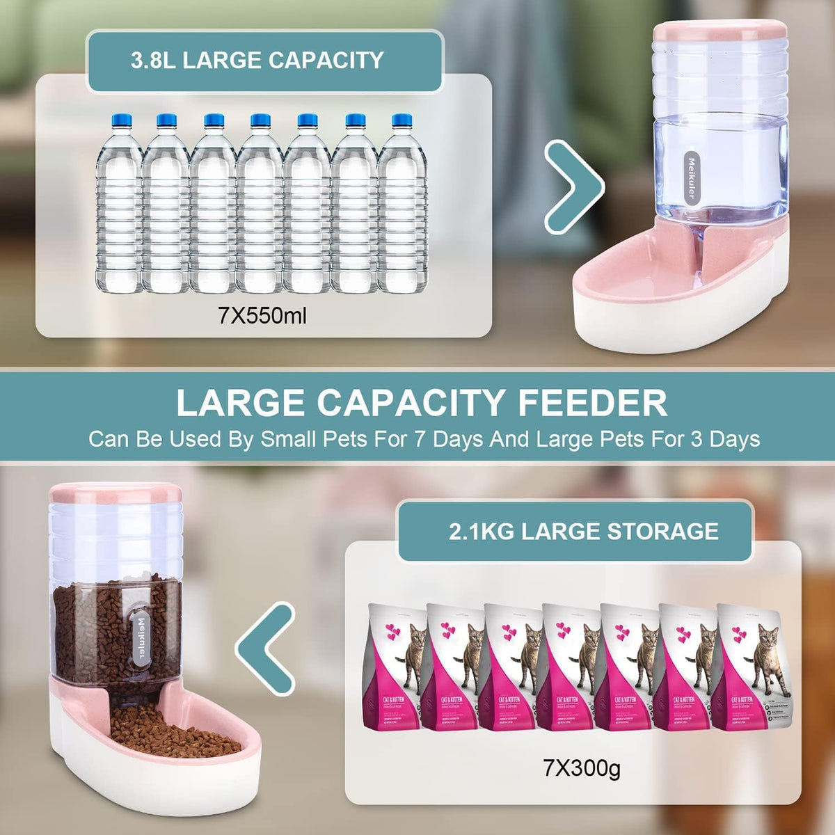 Meikuler Automatic Dog Cat Feeder and Water Dispenser Set,Waterer and Gravity Food Feeder for Small & Medium Dogs Cats Puppies,Large Capacity 1 Gallon x 2(Pink)