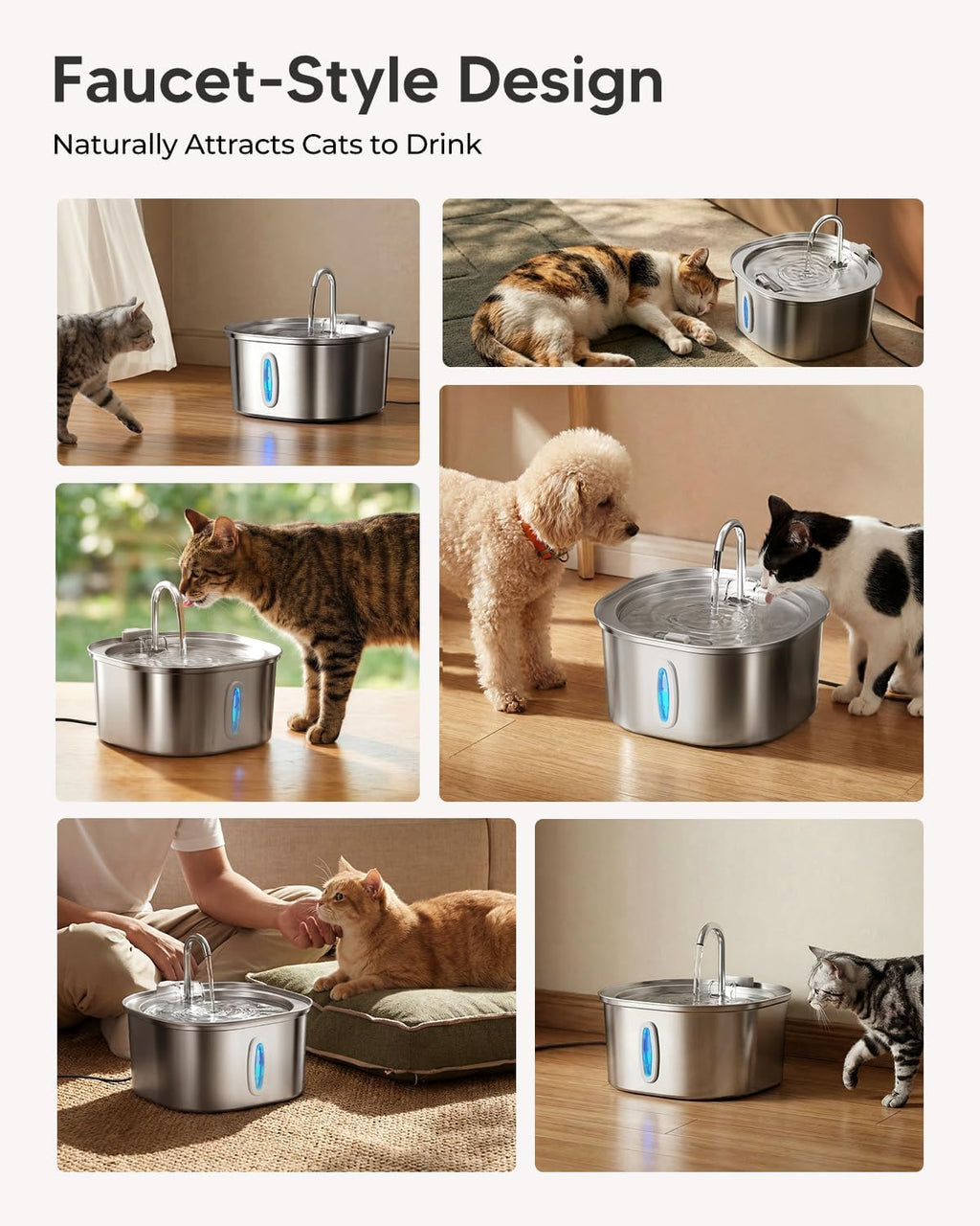 PEKTACO Cat Water Fountain, 3.2L/108oz Stainless Steel Pet Water Fountain