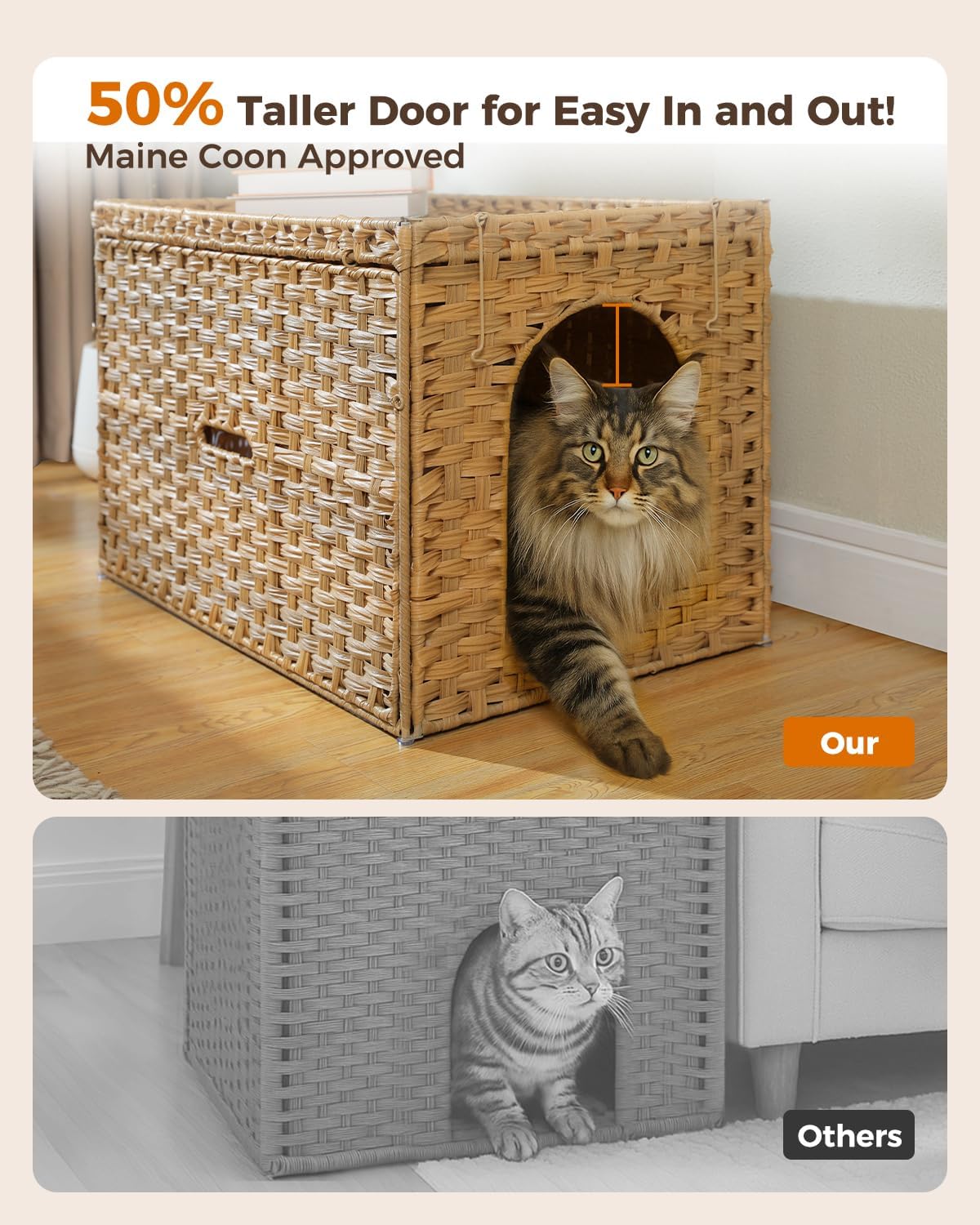 MUTTROS Rattan Cat Litter Box Enclosure - Extra Large Hidden Litter Box Furniture by Handwoven Wicker with Taller Doorway & Raised Edge Mat-Cat House Cabinet for Large Cats Indoor Odor Control, Beige