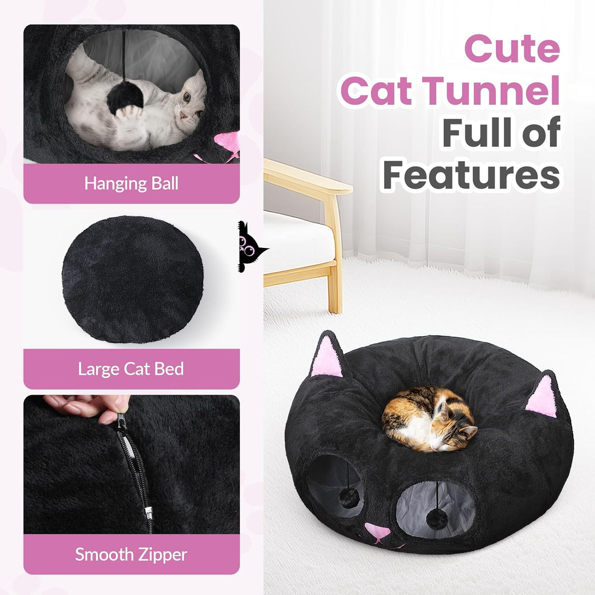 Baseola Fuzzy Cat Tunnel Bed for Indoor Cats, 2-in-1 Interactive Cat Toys