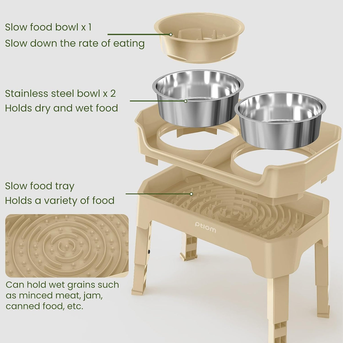 4-in-1 Elevated Slow Feeder Dog Bowls, 4 Height Adjustable Mess Proof Raised Dog Bowl Stand with Licking Plate, 2 Stainless Steel Dog Food Bowl & Slow Feeder for Large Dogs Pets, Beige