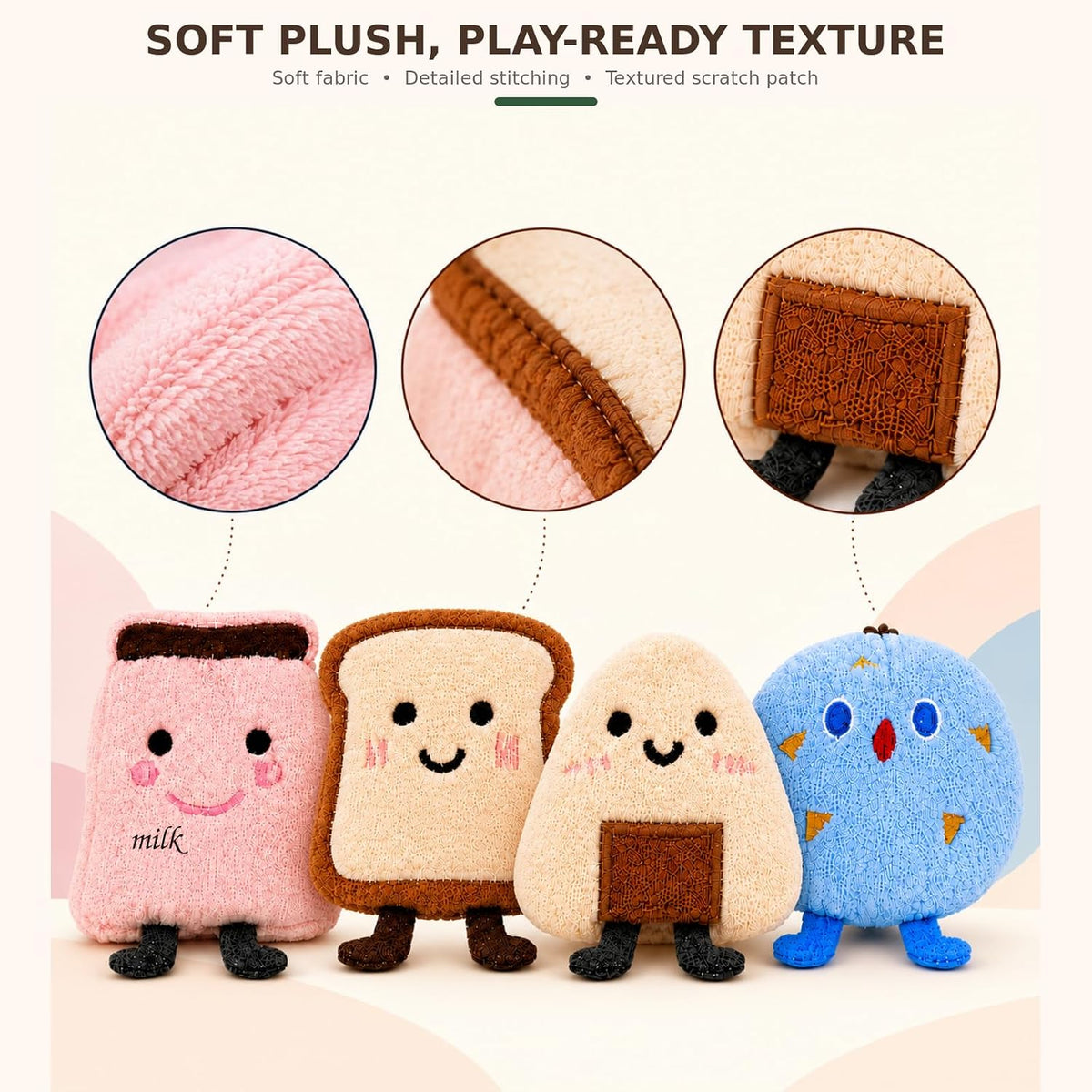 Catnip Toys for Cats, Cat Toys for Indoor Cats, 4 Pack Interactive Plush Food-Shaped Kicker Set with Jingle Bells for Kittens, Batting and Bunny Kick Play, Toast, Milk Carton, Rice Ball and Cookie
