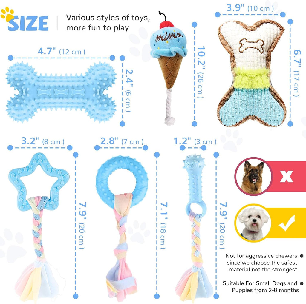 BAEJMJK 6 Pack Puppy Teething Toys Blue Small Breed Dog Chew Toys with Rope Cute Plush Squeaky Dog Toys Soft Rubber Puppy Toys Set for Cleaning Teeth Interactive Pet Doggy Bone Toys