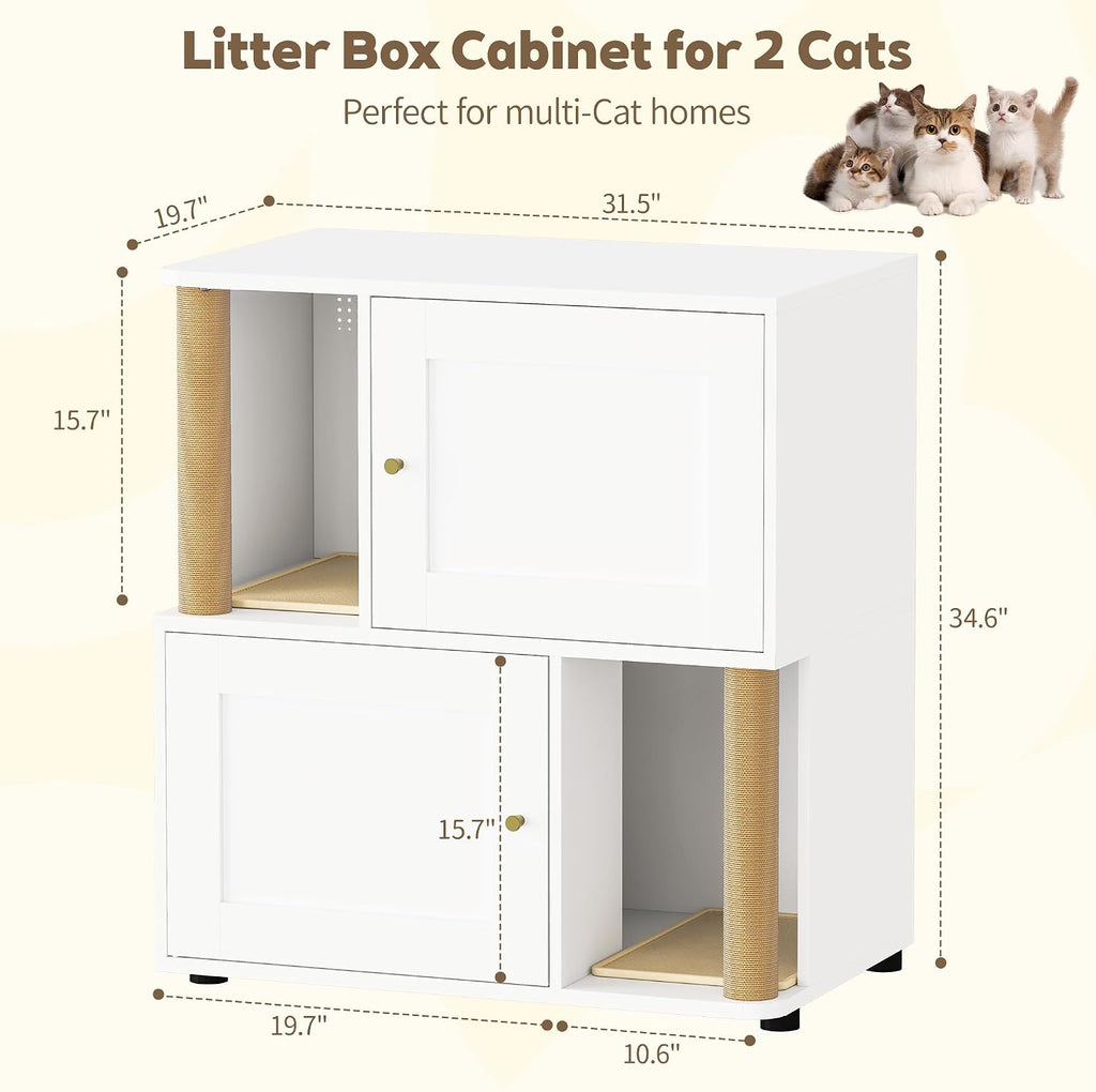 Double Cat Litter Box Enclosure, Litter Box Cabinet for 2 Cats, Hidden Cat Litter Box Furniture, Dog-Proof Litter Box Enclosure with Cats Scratching Post, Suitable for Most Litter Boxes