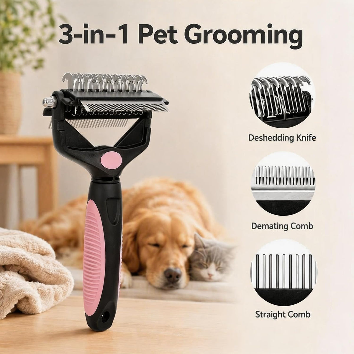3-in-1 Pet Grooming Tool Dematting Comb Undercoat Rake Deshedding Brush