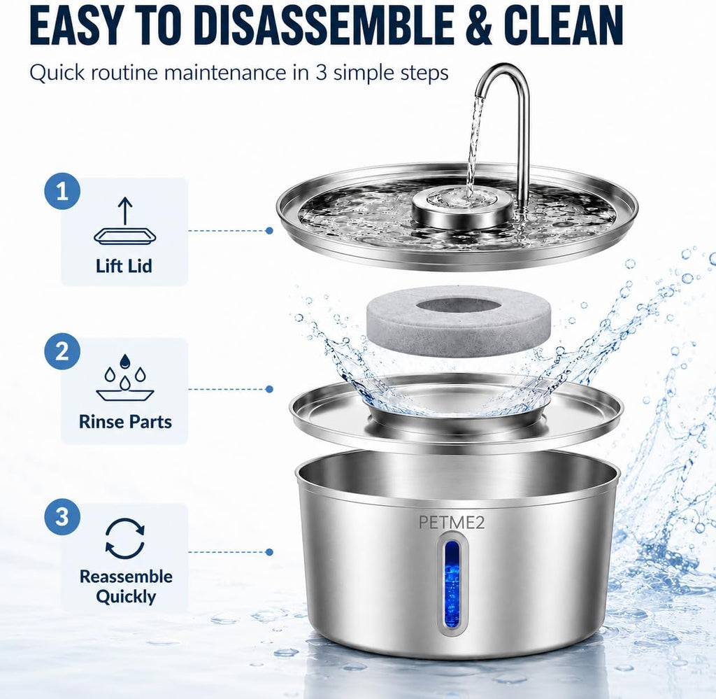 Stainless Steel Cat Water Fountain 108oz/3.2L, Dog Water Fountain for Cats & Dogs Indoor, LED Light, Quiet Pump, Faucet & Bubbling Dual Flow Modes, 4-Layer Filter, Dishwasher Safe