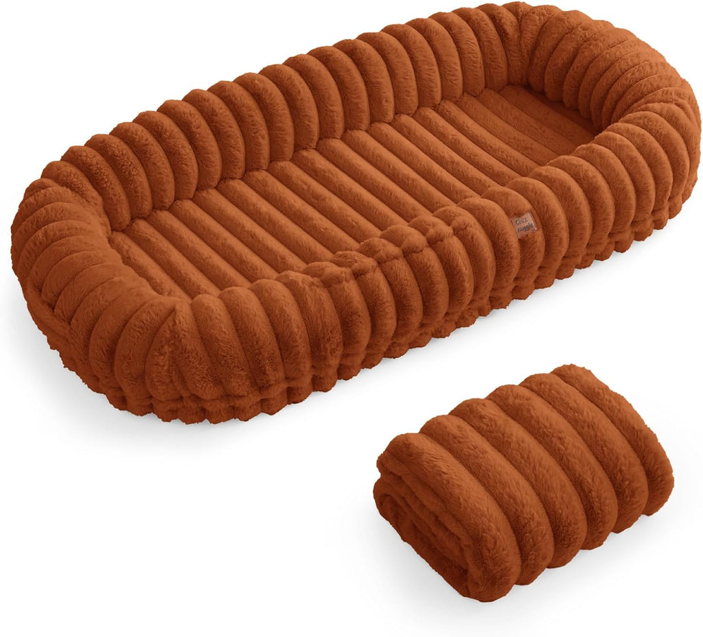 ChiXnuggle Orthopedic Human Dog Bed,Striped Faux Fur Washable Cover,Blanket