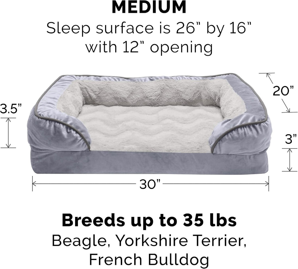 Furhaven Cooling Gel Dog Bed for Medium/Small Dogs w/ Removable Bolsters & Washable Cover, For Dogs Up to 35 lbs - Plush & Velvet Waves Perfect Comfort Sofa - Granite Gray, Medium