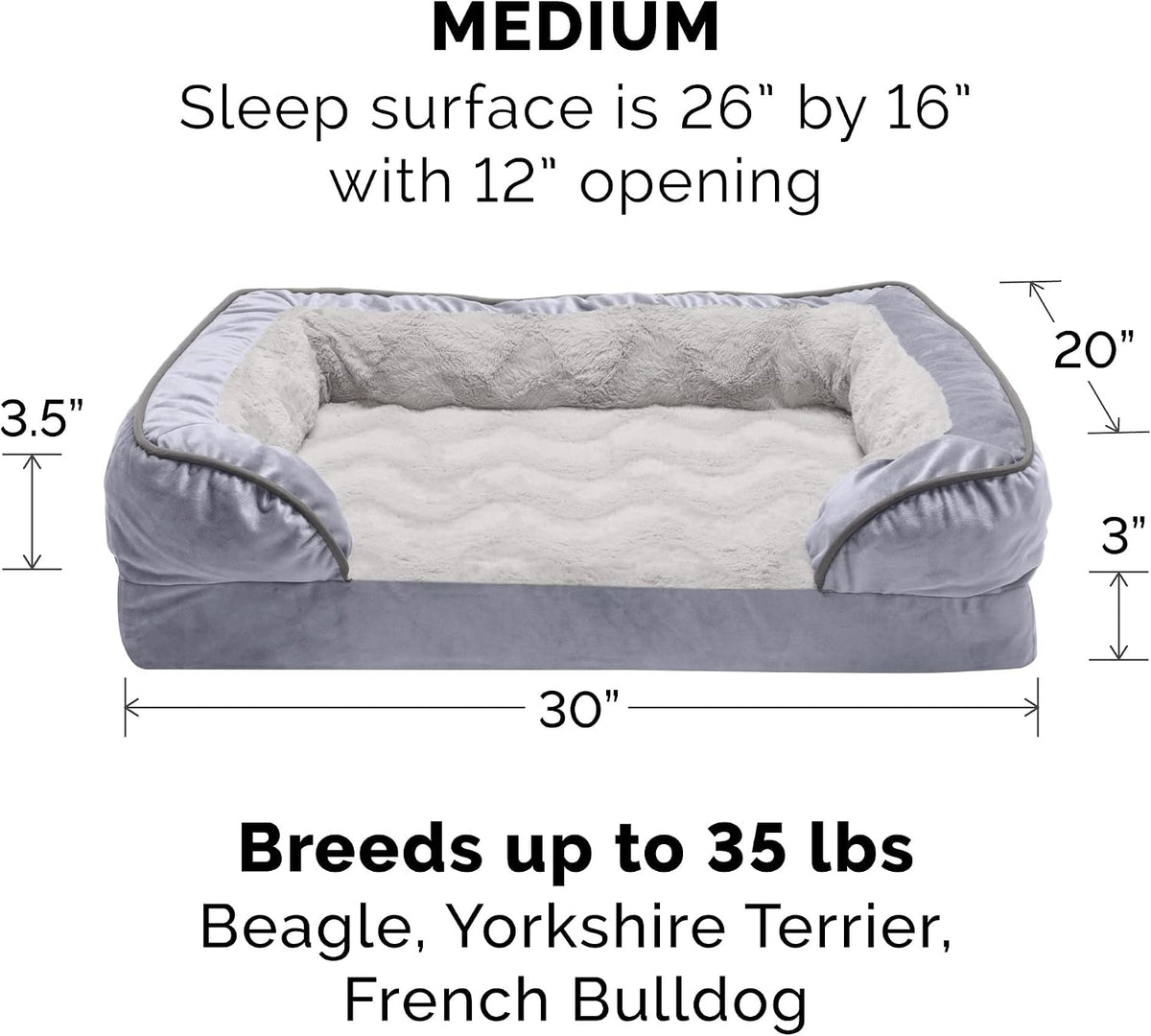 Furhaven Cooling Gel Dog Bed for Medium/Small Dogs w/ Removable Bolsters & Washable Cover, For Dogs Up to 35 lbs - Plush & Velvet Waves Perfect Comfort Sofa - Granite Gray, Medium
