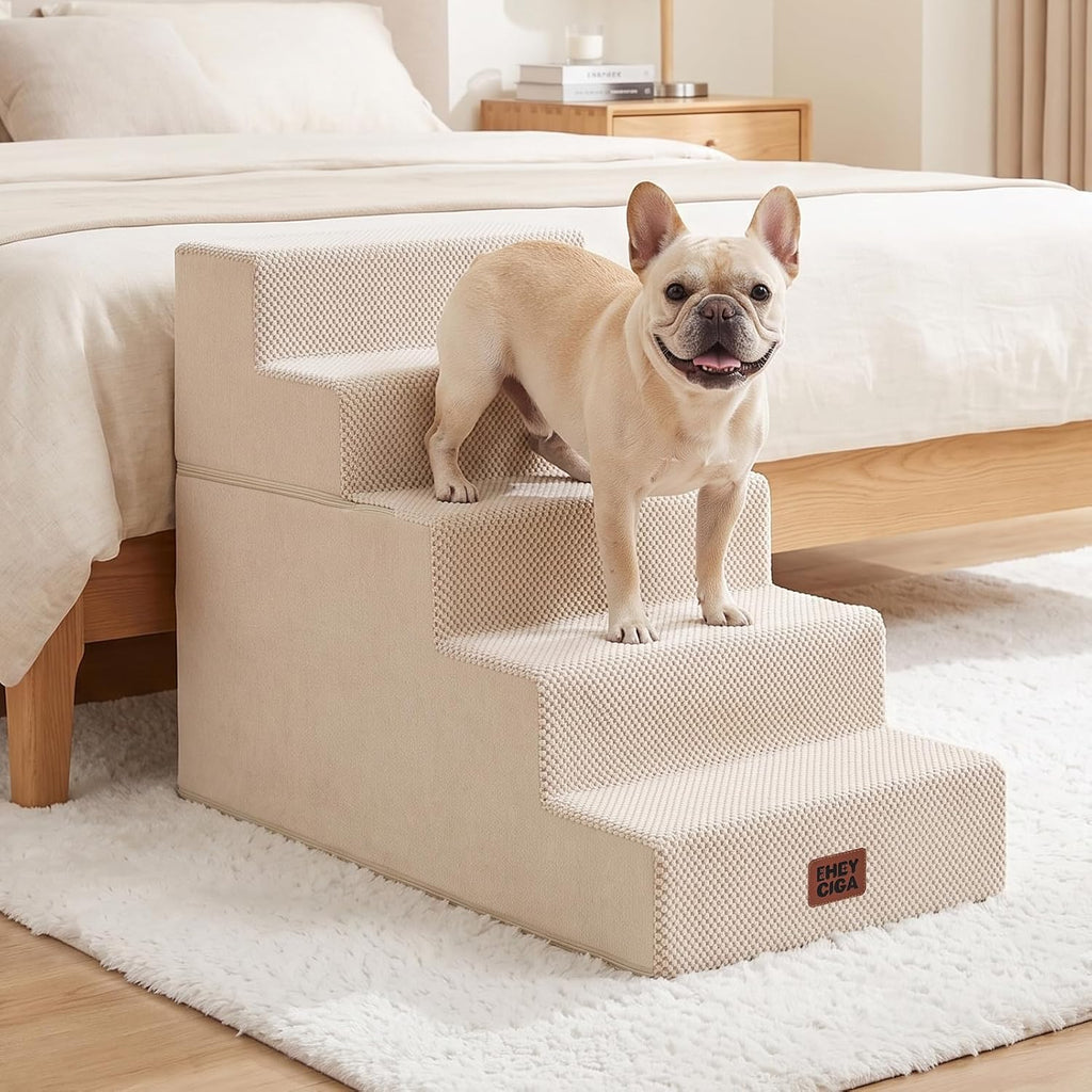 EHEYCIGA Dog Stairs for Bed 22.5" H, 5-Step Extra Wide Dog Steps, Beige