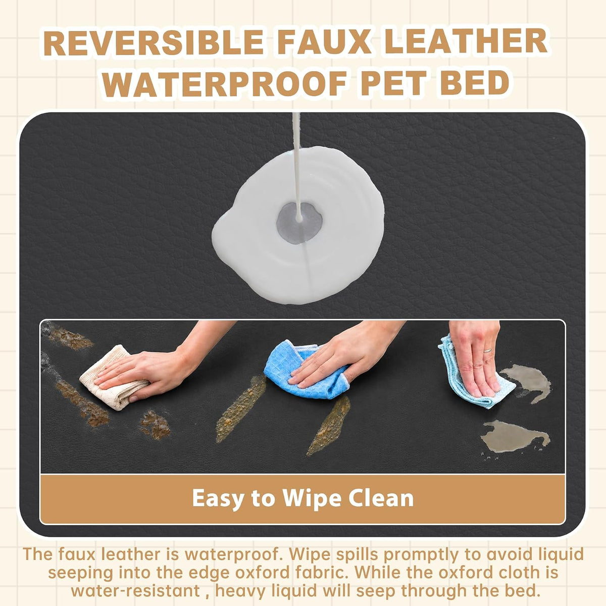XXL Dog Bed Waterproof Washable, Wipeable Leather Large Crate Pad 48" Black