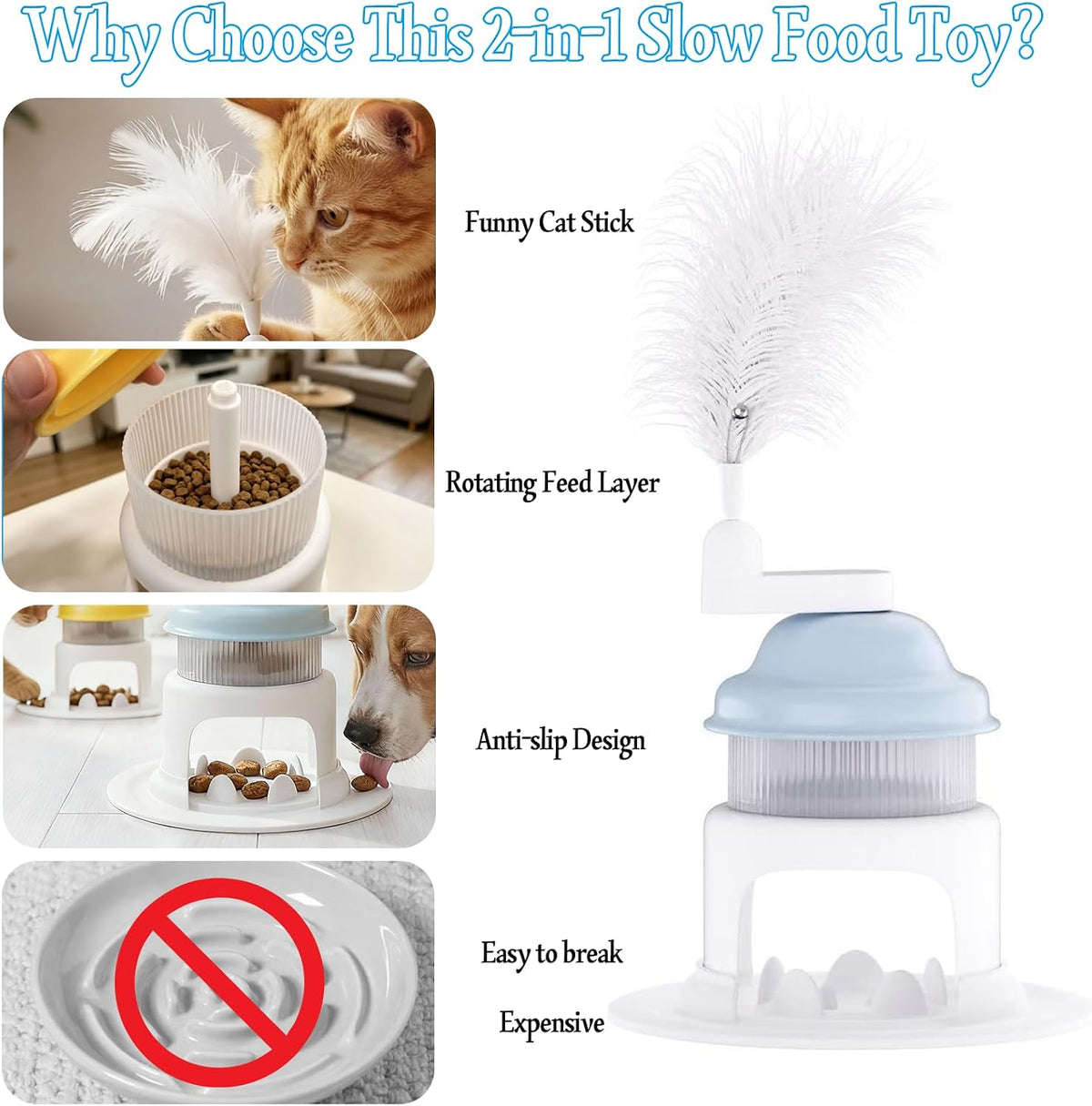 Cat Slow Feeder Toy with Feather Teaser, Interactive Puzzle Feeder for Cats, Mental Stimulation Foraging Toy, Suitable for Dry & Wet Food(Yellow)