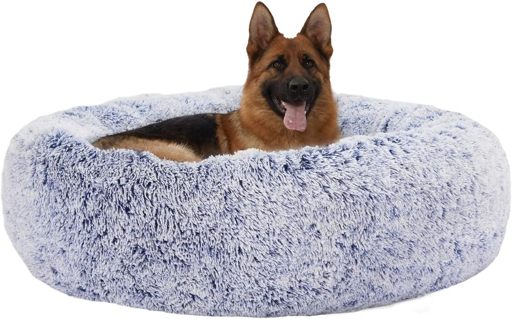 Bedfolks Calming Fluffy Donut Dog Bed for X-Large Dogs,Navy Blue,45" Round