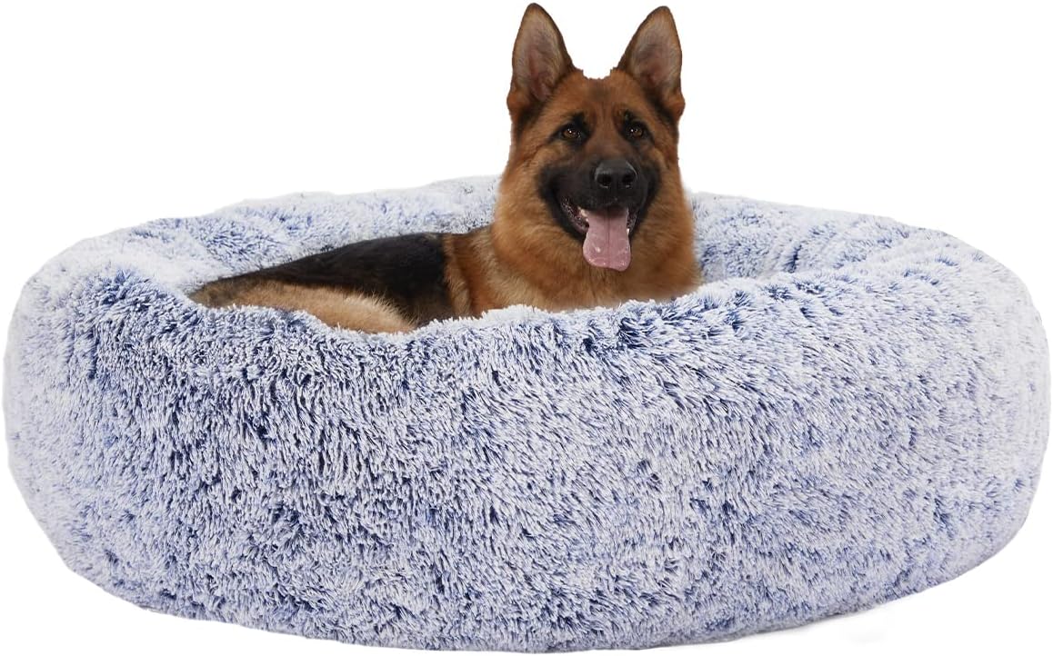 Bedfolks Calming Fluffy Donut Dog Bed for X-Large Dogs,Navy Blue,45" Round