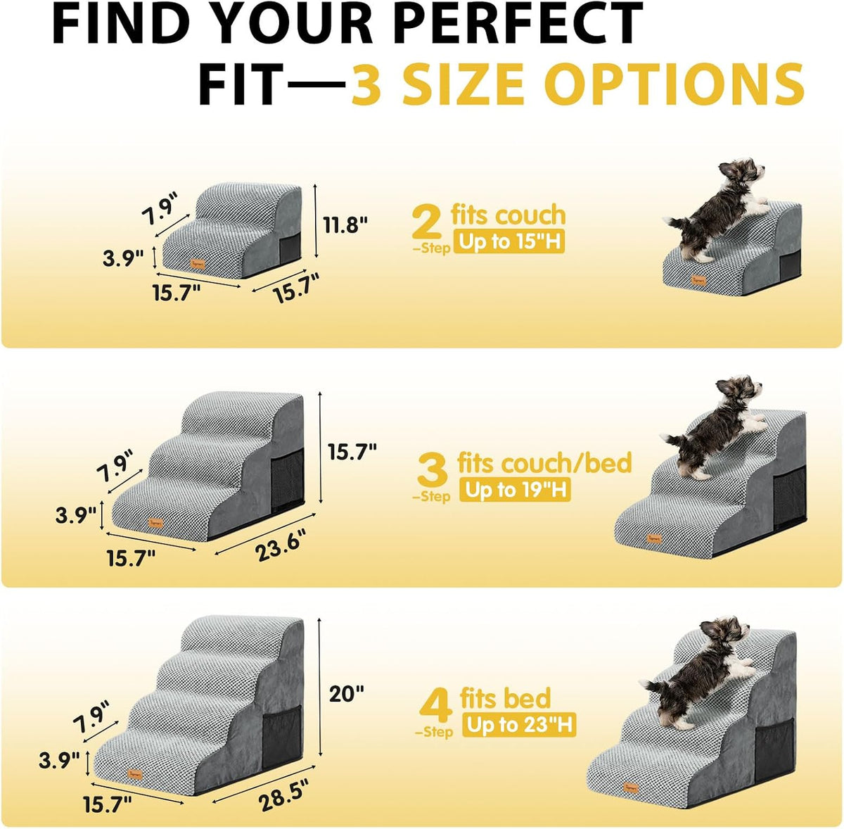 Dog Stairs for Small Dogs, 3-Step Non-Slip Foam Pet Steps for Couch Bed