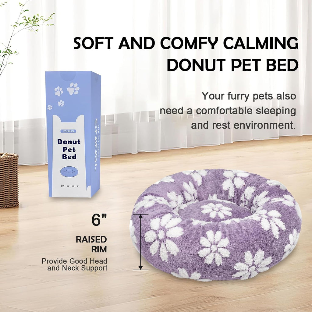 Round Cat Beds for Indoor Cats, Small Donut Dog Beds, Purple, 20"