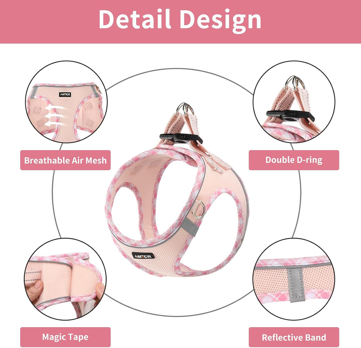 AMTOR Small Dog Harness with Leash Set, No Escape Easy Walk Puppy Harnesses for Training Walking, Step-in Reflective Soft Dogs Vest for XS S Medium Extra-Small Large Sized Dog(Pink,XL)