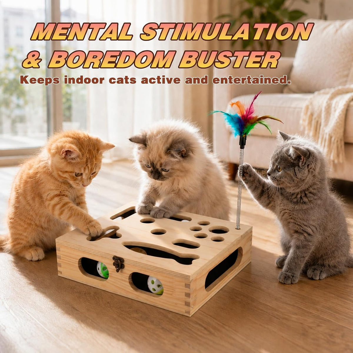 Cat Scratch Puzzle Enrichment Box, Interactive Cat Toy for 3 Balls & 2 Wand