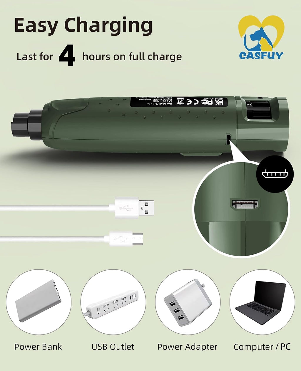 Casfuy Dog Nail Grinder Quiet - (45db) 6-Speed Pet Nail Grinder with 2 LED Lights for Large Medium Small Puppy Dogs/Cats, Professional 3 Ports Rechargeable Electric Dog Nail Trimmer with Dust Cap