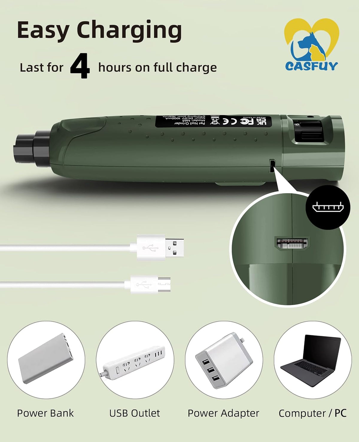 Casfuy Dog Nail Grinder Quiet - (45db) 6-Speed Pet Nail Grinder with 2 LED Lights for Large Medium Small Puppy Dogs/Cats, Professional 3 Ports Rechargeable Electric Dog Nail Trimmer with Dust Cap