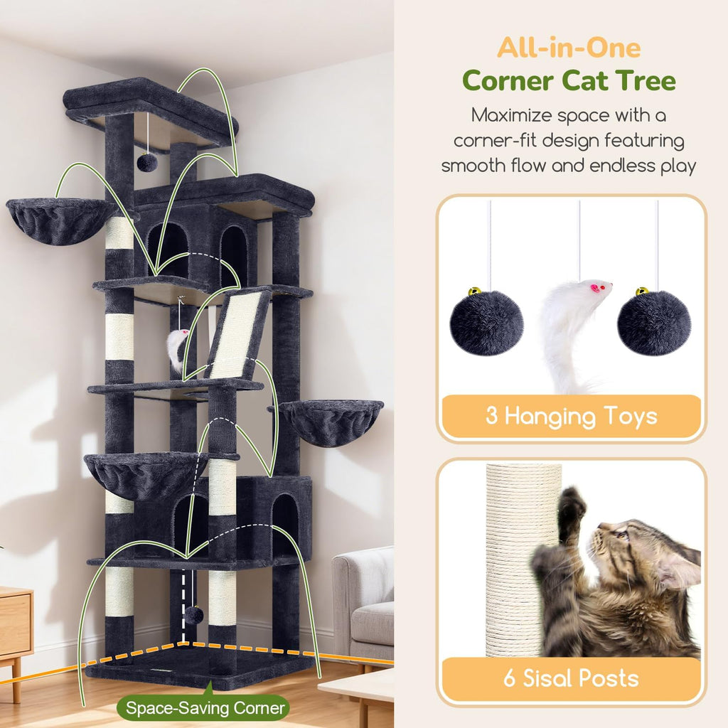 Globlazer 80in XXL Extra Large Corner Cat Tree Tower, S80G, Dark Grey