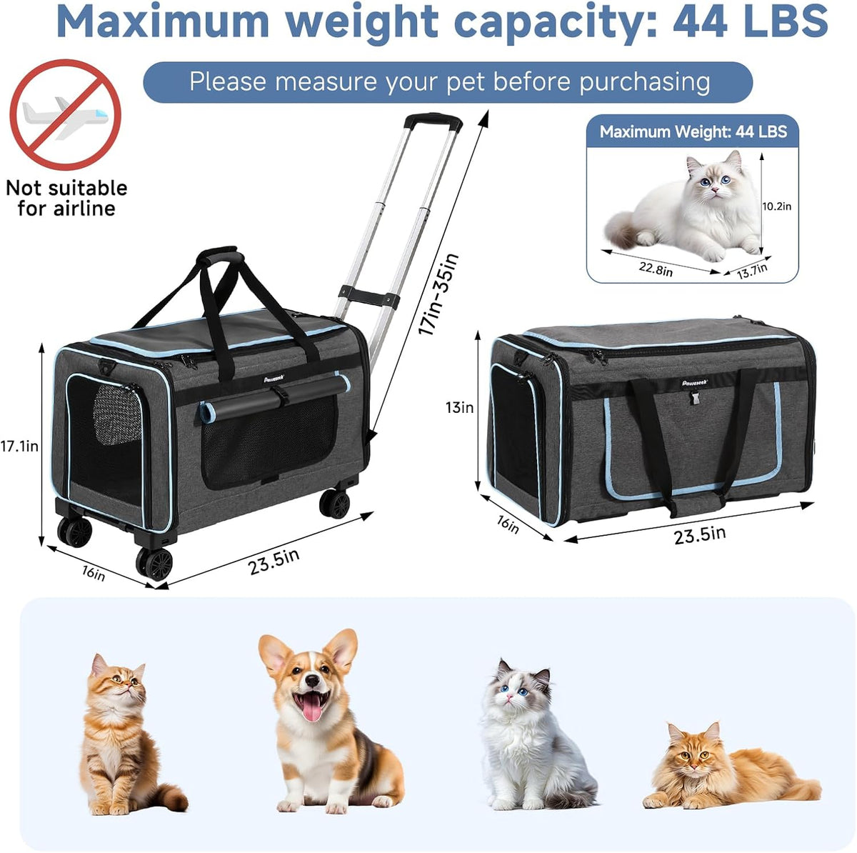 Large Pet Carrier with Wheels, Foldable Rolling Cat Carrier with Telescopic Handle, 4-Sided Mesh, Collapsible Rolling Travel Carrier for Dogs & Cats for Visits, Camping(Not for Airline)
