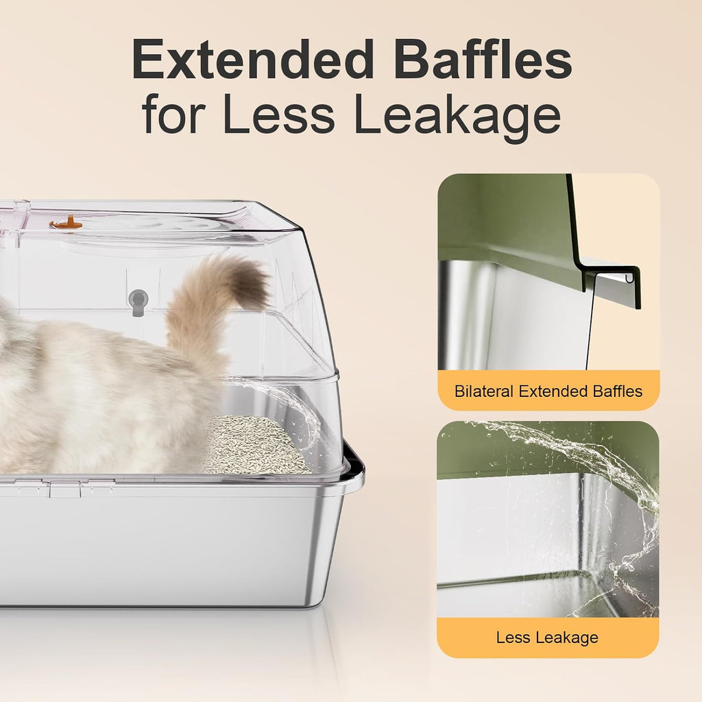 Stainless Steel Litter Box with Lid, XL Extra Large Litter Box, Enclosed Top Entry Metal Litterbox for Big Cat, Easy Cleaning, Anti-Leakage & High Sided with Mat, Aisle & Scoop, Green