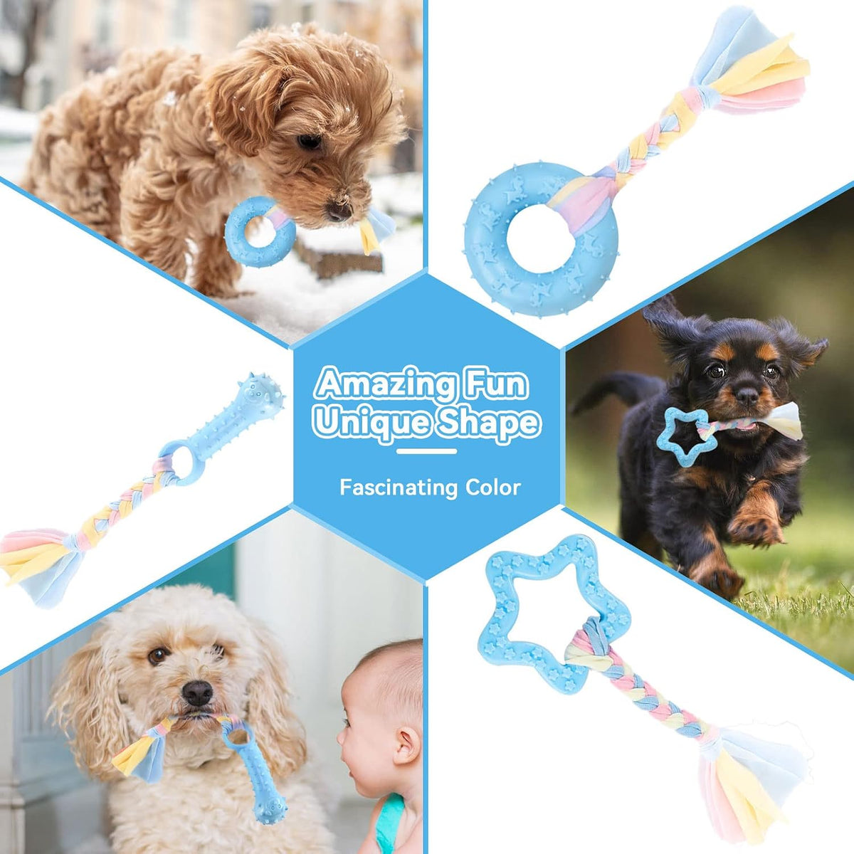 Petcare 6 Pack Puppy Chew Toys - Blue, Soft Rubber Rope & Bone Ball Teething Toys for Small Dogs & Puppies, Including Yorkie
