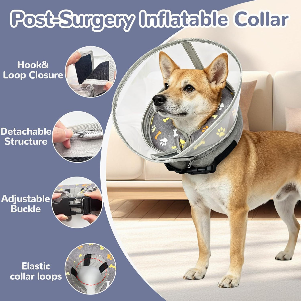 Inflatable Dog Cone Collar with Anti-Licking Clear Shield, for Dogs Cats