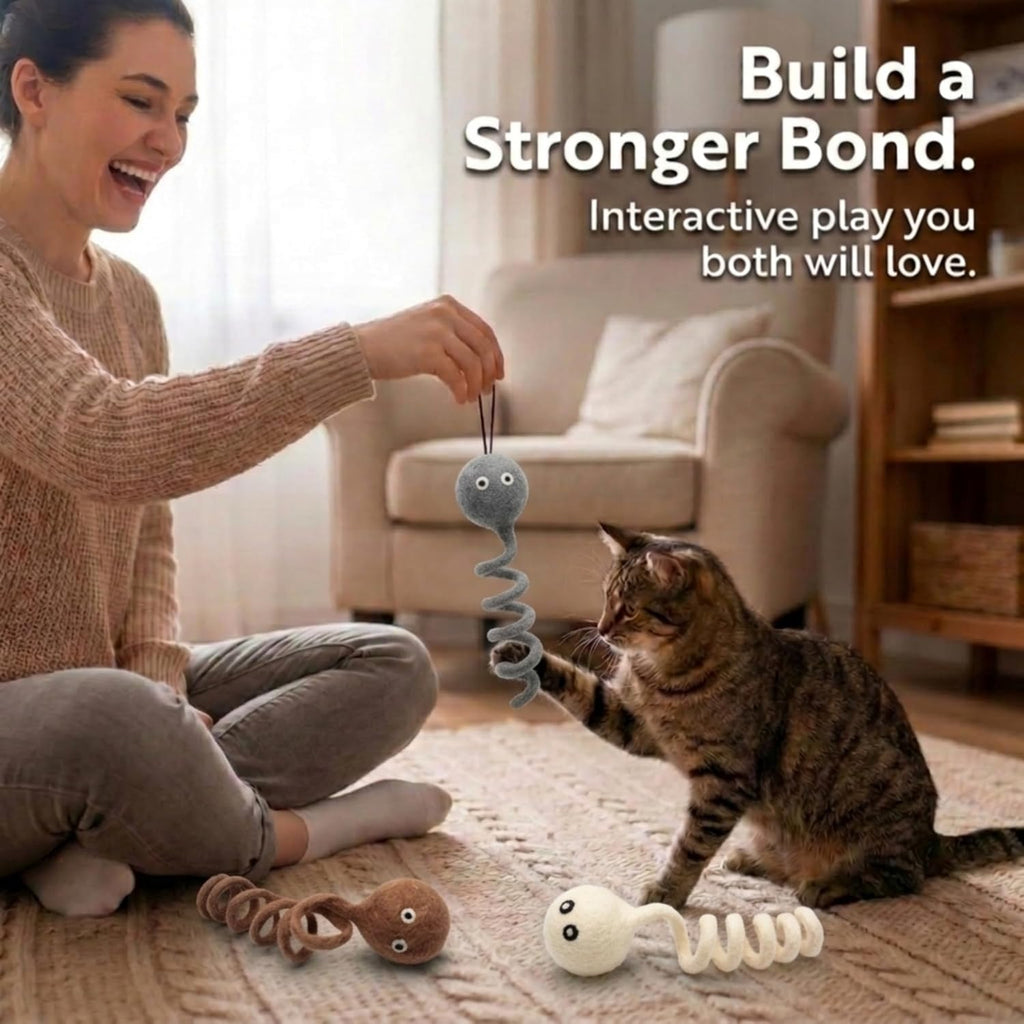 Glaciart One Wool Felt Spring Cat Toys, 3 Pack Handmade Stretchy Coil Springs for Indoor Cats & Kittens, Interactive Fuzzy Cat Toy, AZO-Free Dyes, 4 Inch