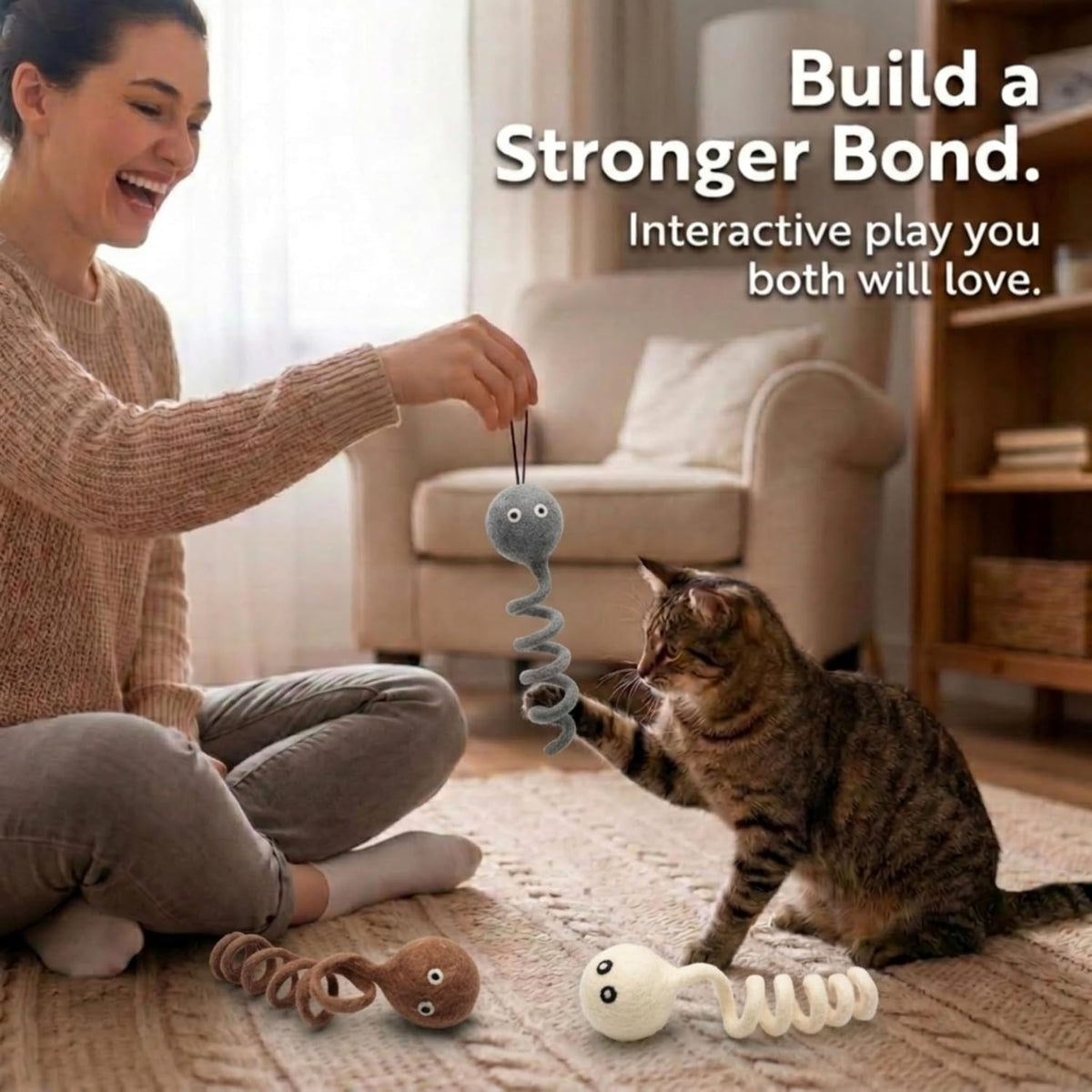 Glaciart One Wool Felt Spring Cat Toys, 3 Pack Handmade Stretchy Coil Springs for Indoor Cats & Kittens, Interactive Fuzzy Cat Toy, AZO-Free Dyes, 4 Inch