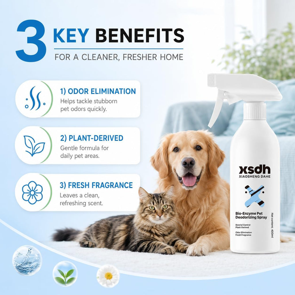 Pet Odor Deodorizing Spray, Bio-Enzyme Stain & Strong Odor Eliminator Spray for Dog Cat Pee Urine Pop, No-Rinse Air Freshener Spray for Smelly in Beds, Sofa, Carpet, Upholstery in Home & Car, 400ml