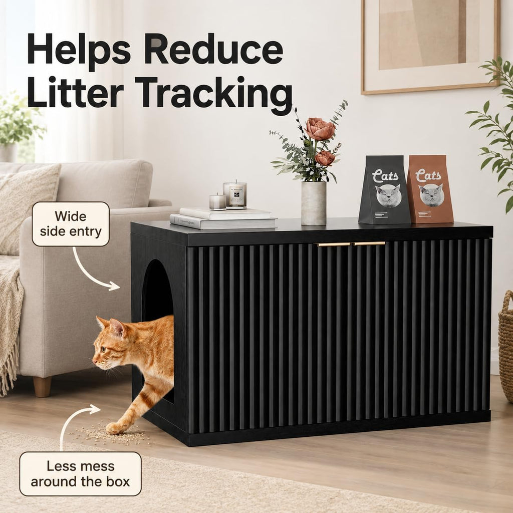 Homhedy Cat Litter Box Enclosure,Modern Fluted Accent,Black