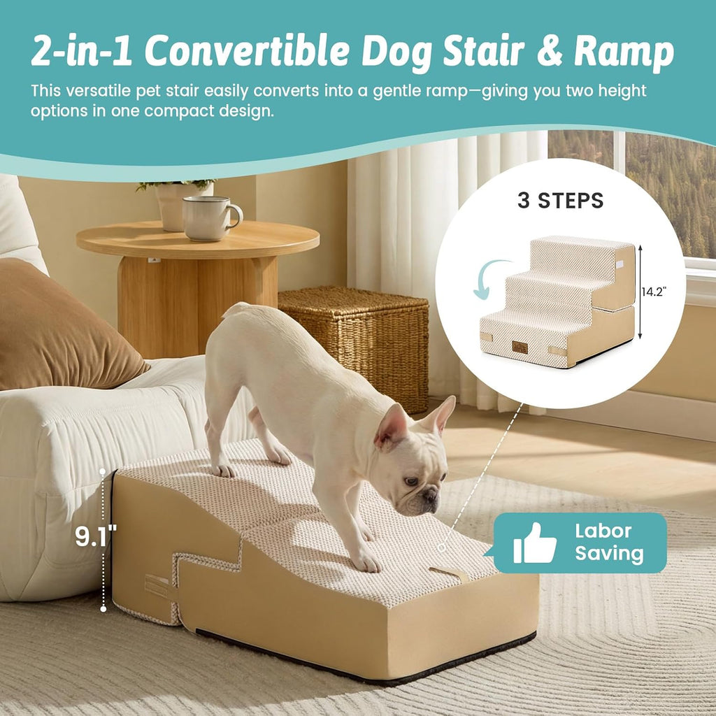 COZY KISS Dog Stairs for Small Dog, 14.2" H, 3 Step for Couch, Beige