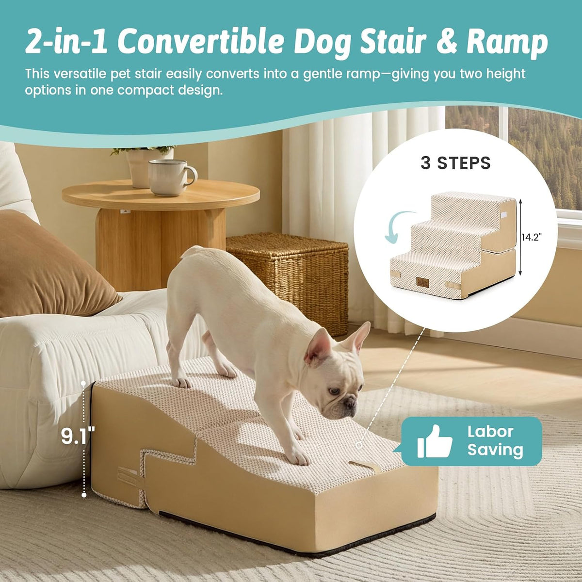 COZY KISS Dog Stairs for Small Dog, 14.2" H, 3 Step for Couch, Beige