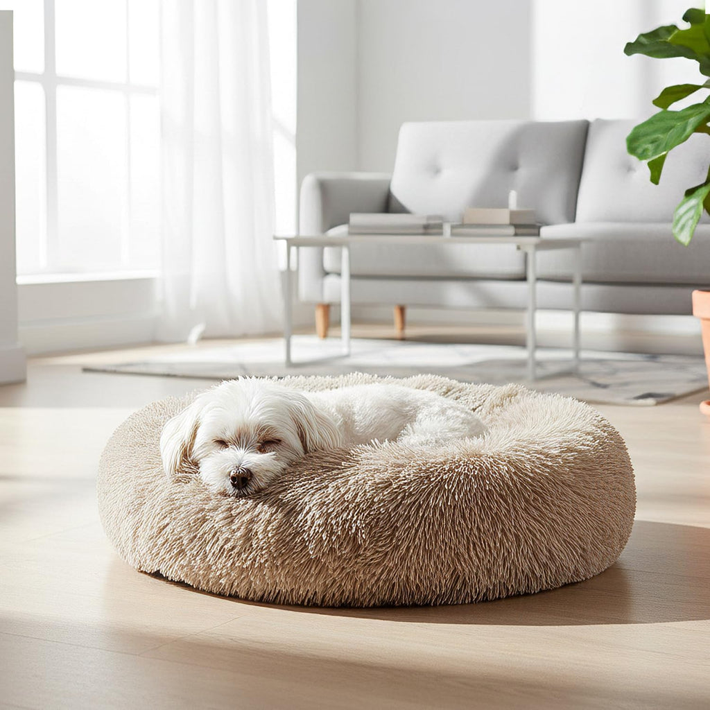 PetAmi Calming Donut Dog Bed, Washable Faux Fur, 23 Inch Small, Taupe