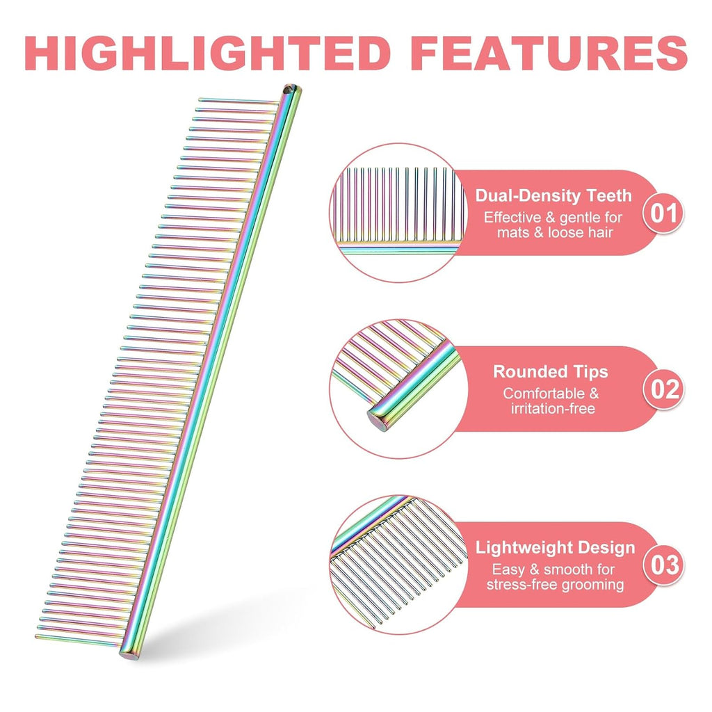 Dog Cat Comb, Pet Combs Stainless Steel Teeth with Rounded Ends for Knots Mats Loose Hair Removal, 7.5IN (Colorful Plated, 3 Pack), Grooming Tool Intended for Long Curly Hair Pet