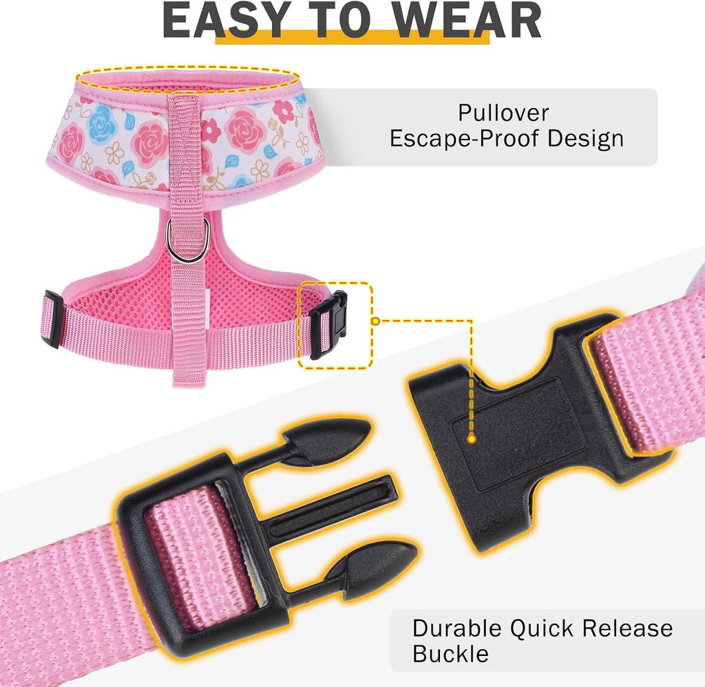 SCENEREAL Small Dog Harness and Leash Set, Flowers Pink, M