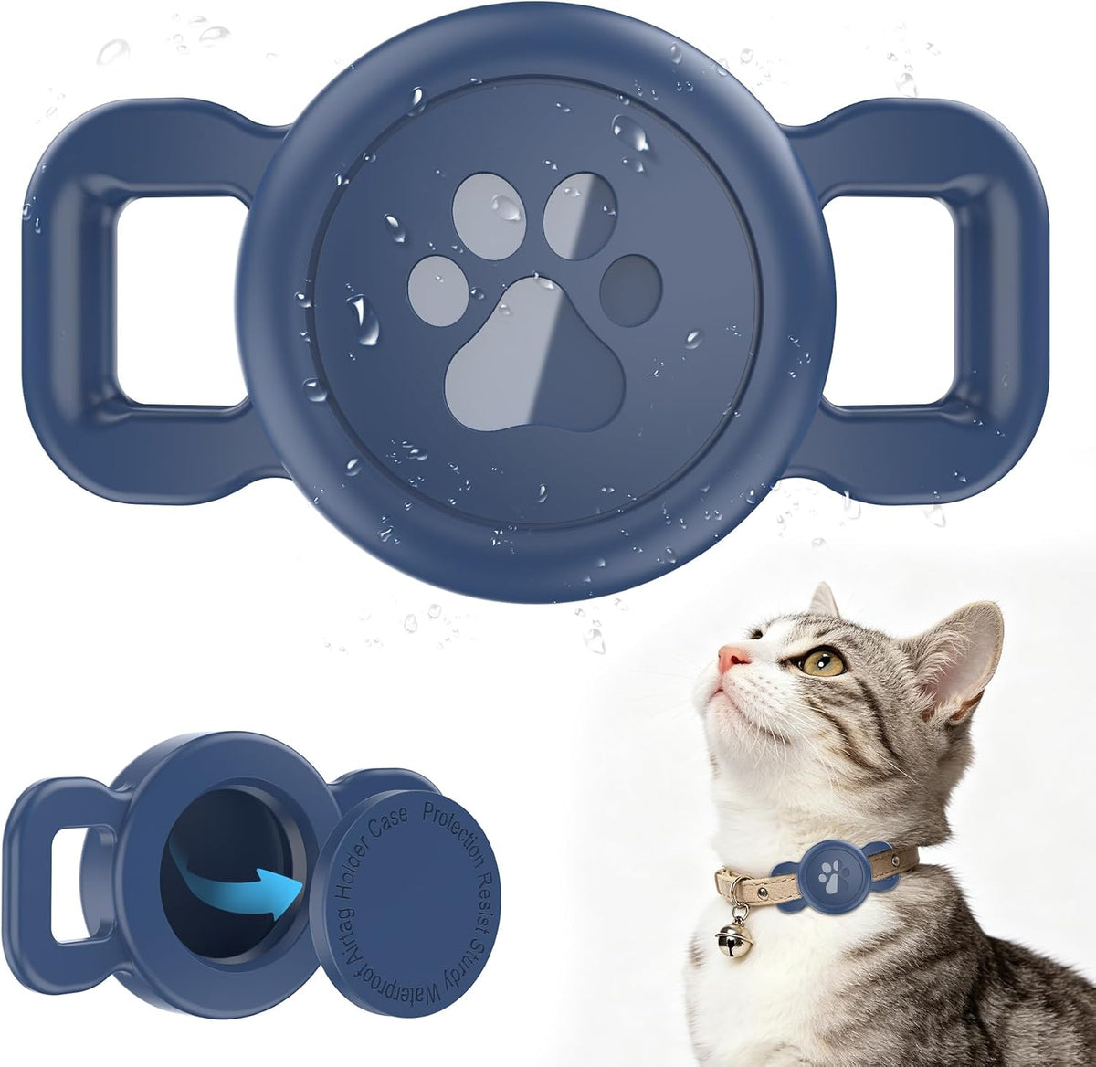 Airtag Collar Holder for Cats or Small Dogs, Waterproof, 1 Pack Navy Blue