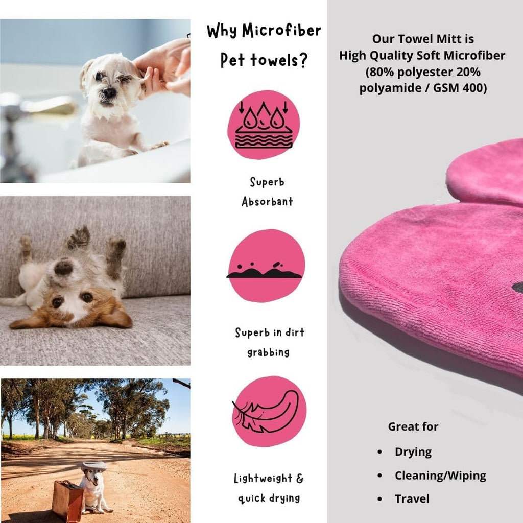 Penny & Niko Microfiber Pet Towel Mitts - Paw Cleaning and Drying Mitts/Gloves for Dogs and Cats (Pink, Standard - 4 Pack)