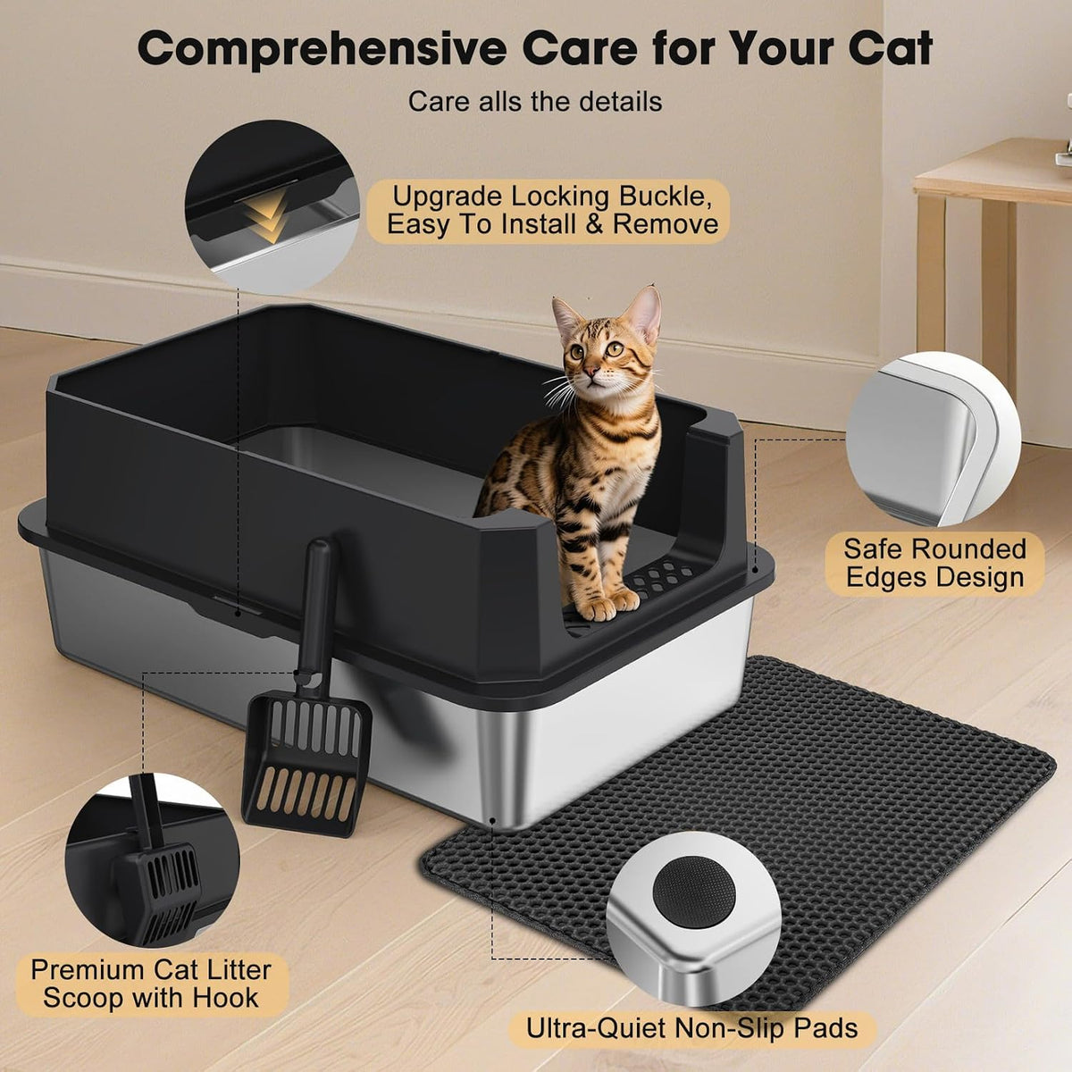 FURTIME Stainless Steel Cat Litter Box, Extra Large Cats Metal Litter Box