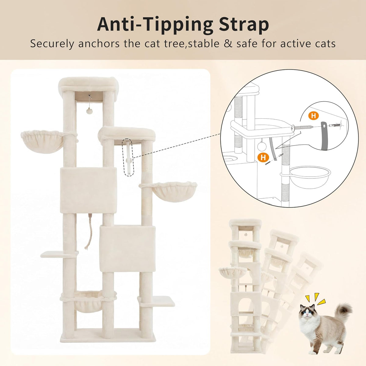 Heybly Cat Tree, 74.8-Inch Spacious & Tall Cat Tower for Large Cats HCT062MJ