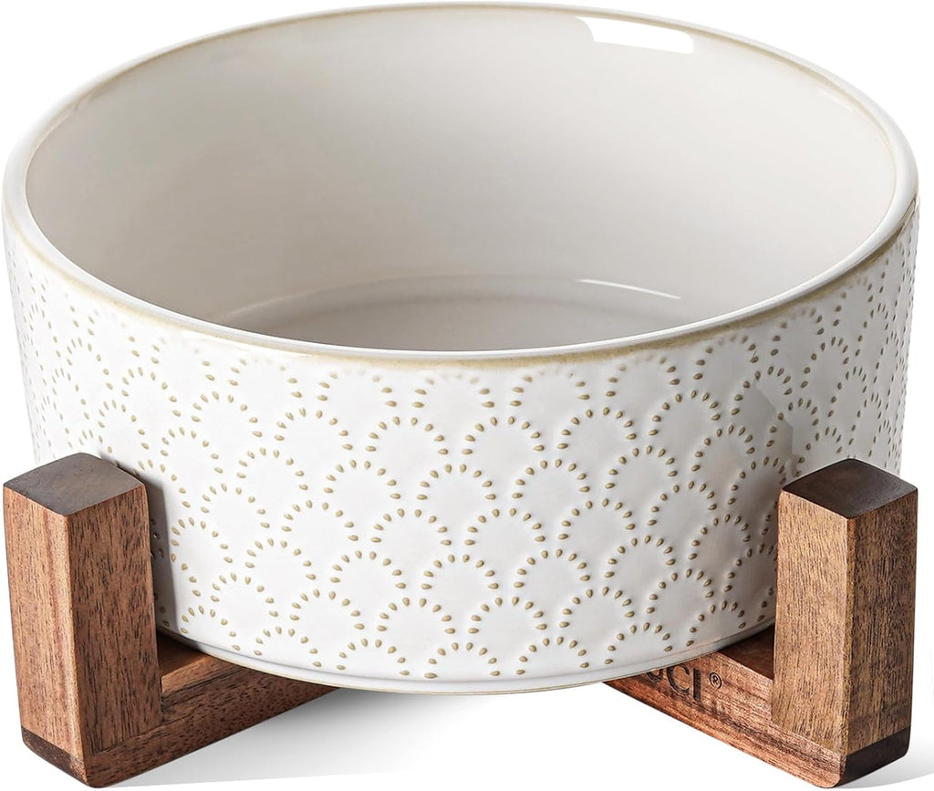 LE TAUCI Ceramic Dog Bowls for Large Dogs, 7" Elevated Water Bowl with Acacia Wood Stand, Single Set for Food & Water, Fireworks