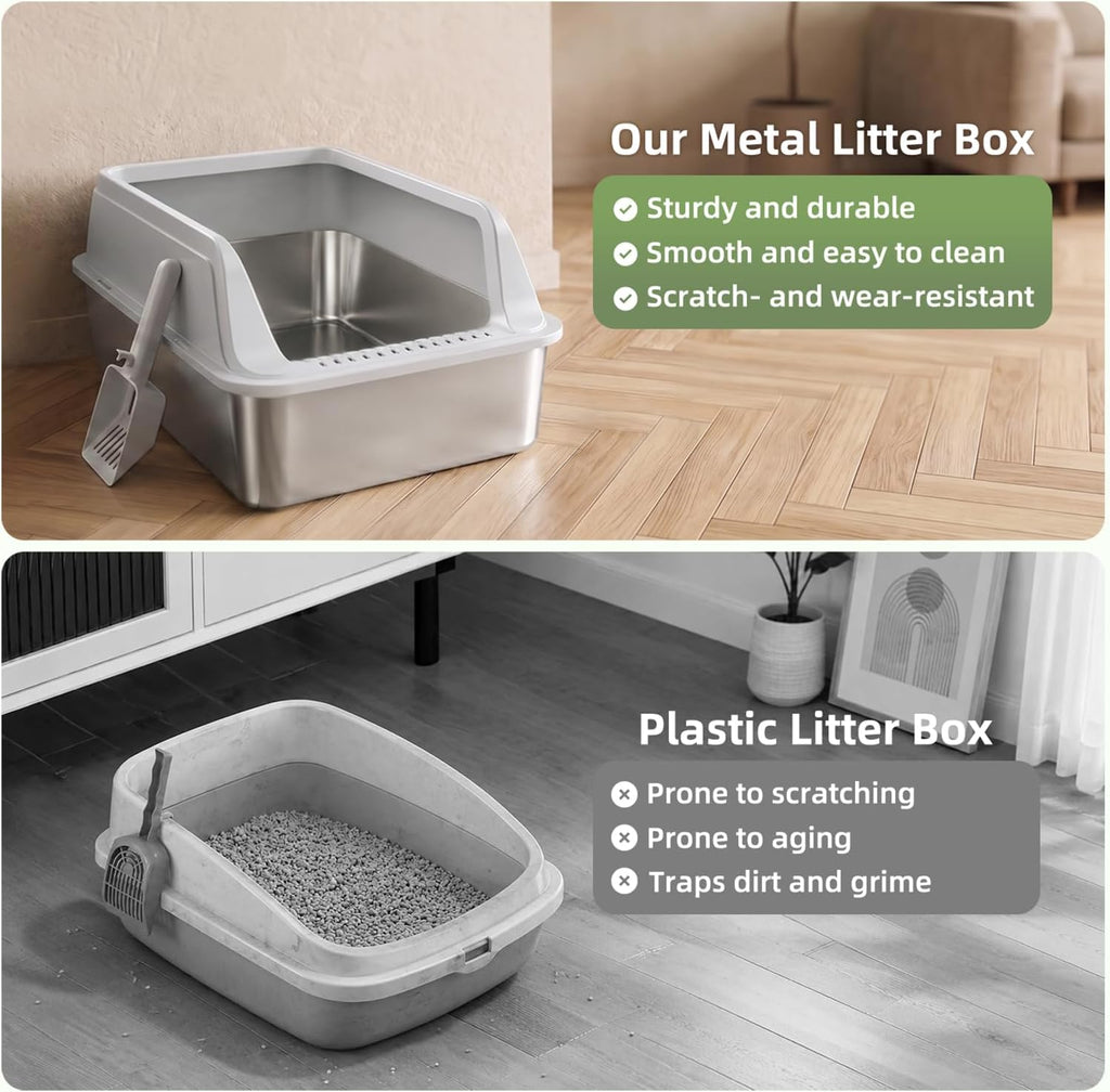 FURTIME Stainless Steel Litter Box with Lid, High Sided Metal Litter Box