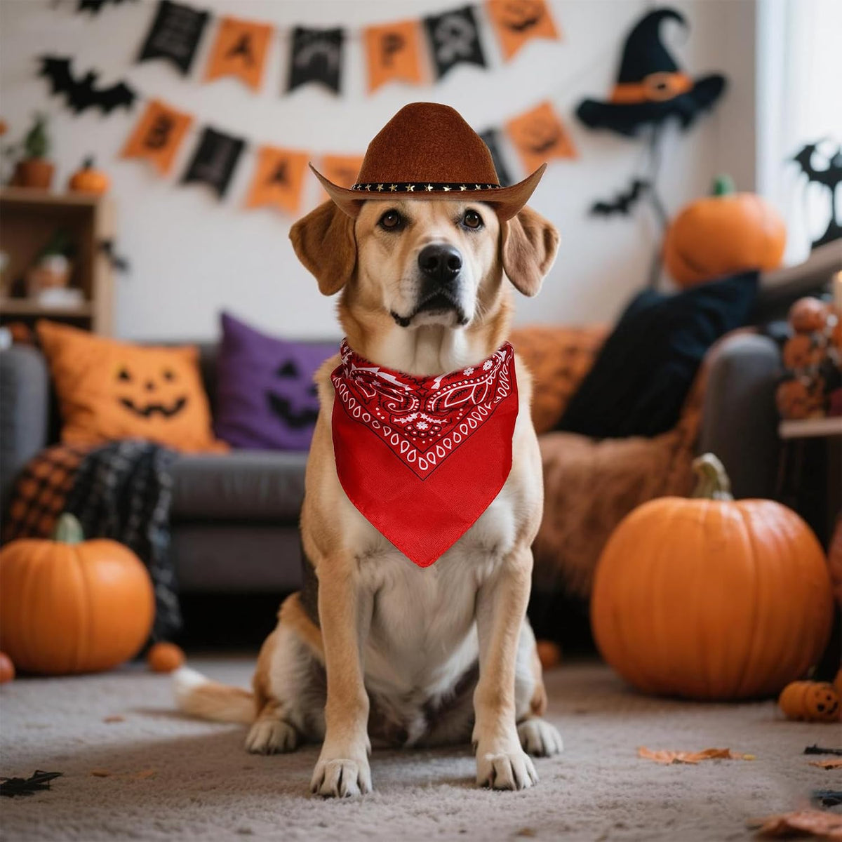 choyaxo Halloween Costumes for Dogs Cat Pet Cowboy Costume Cowboy Hat with Bandana Set for Halloween, Christmas, Holiday, Party, Cosplay (Brown, Large)