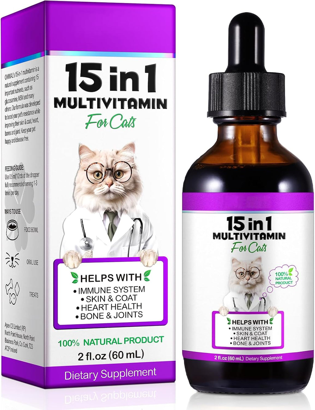 Cat Multivitamin Drops - 15 in 1 Vitamin Supplement for Immune Support, Heart, Bones, Joint, Skin & Coat Health, Bacon Flavor Vitamins for Senior Cats & Kittens (1 Pack, for cat)